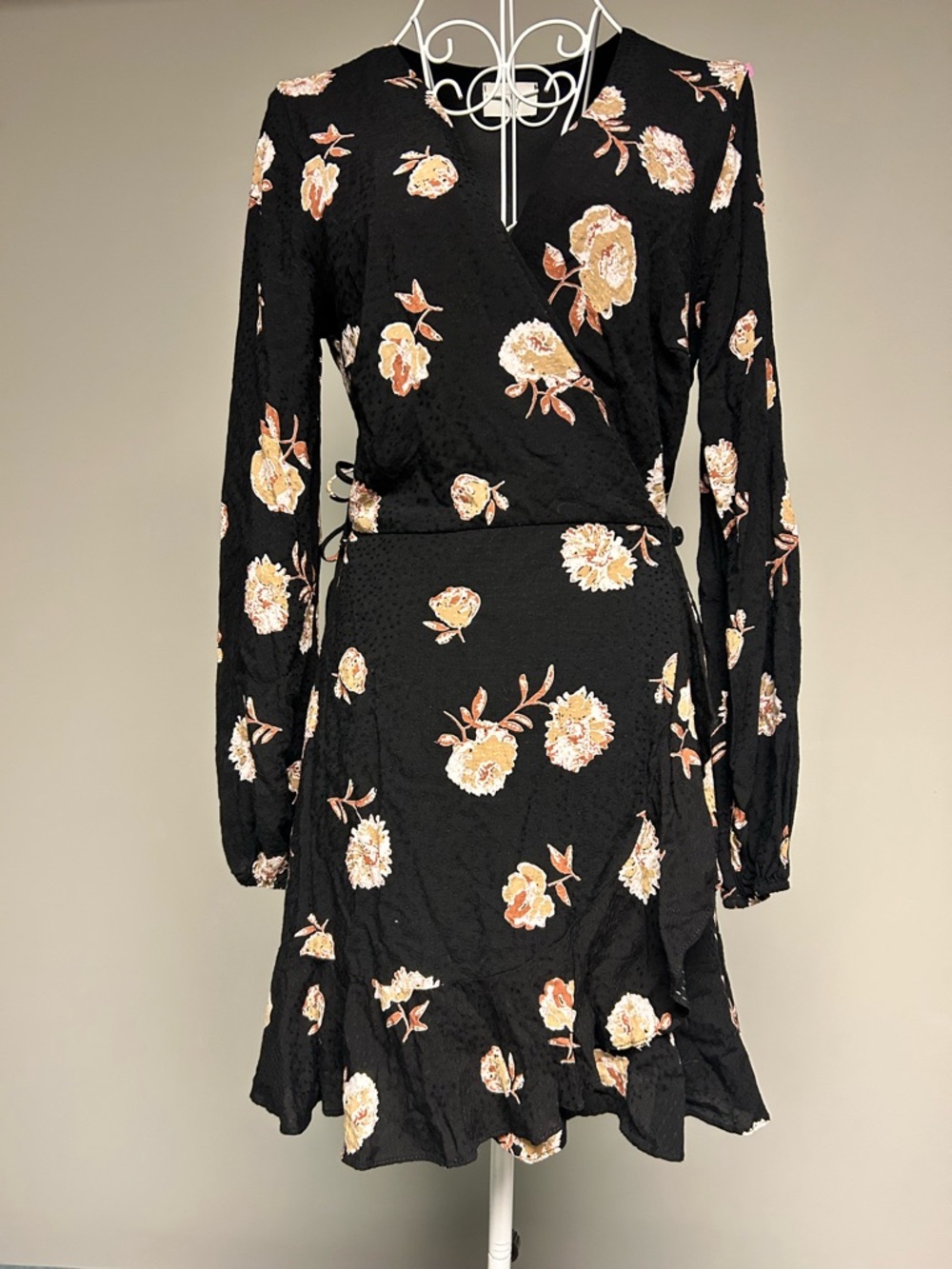 Everly Black Long-Sleeve Floral Wrap Dress with Peach Blooms